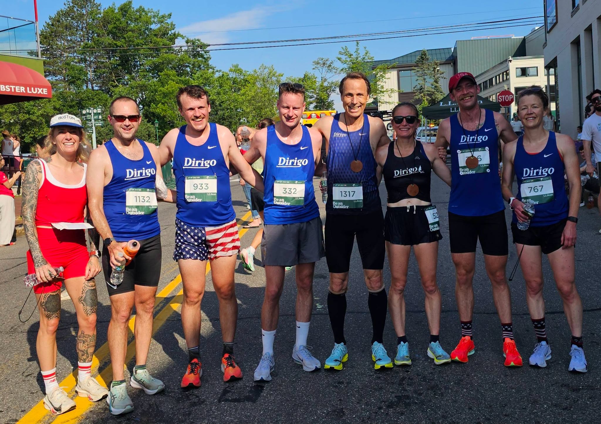 Dirigo teammates after racing the 2026 L.L.Bean July 4th 10K.