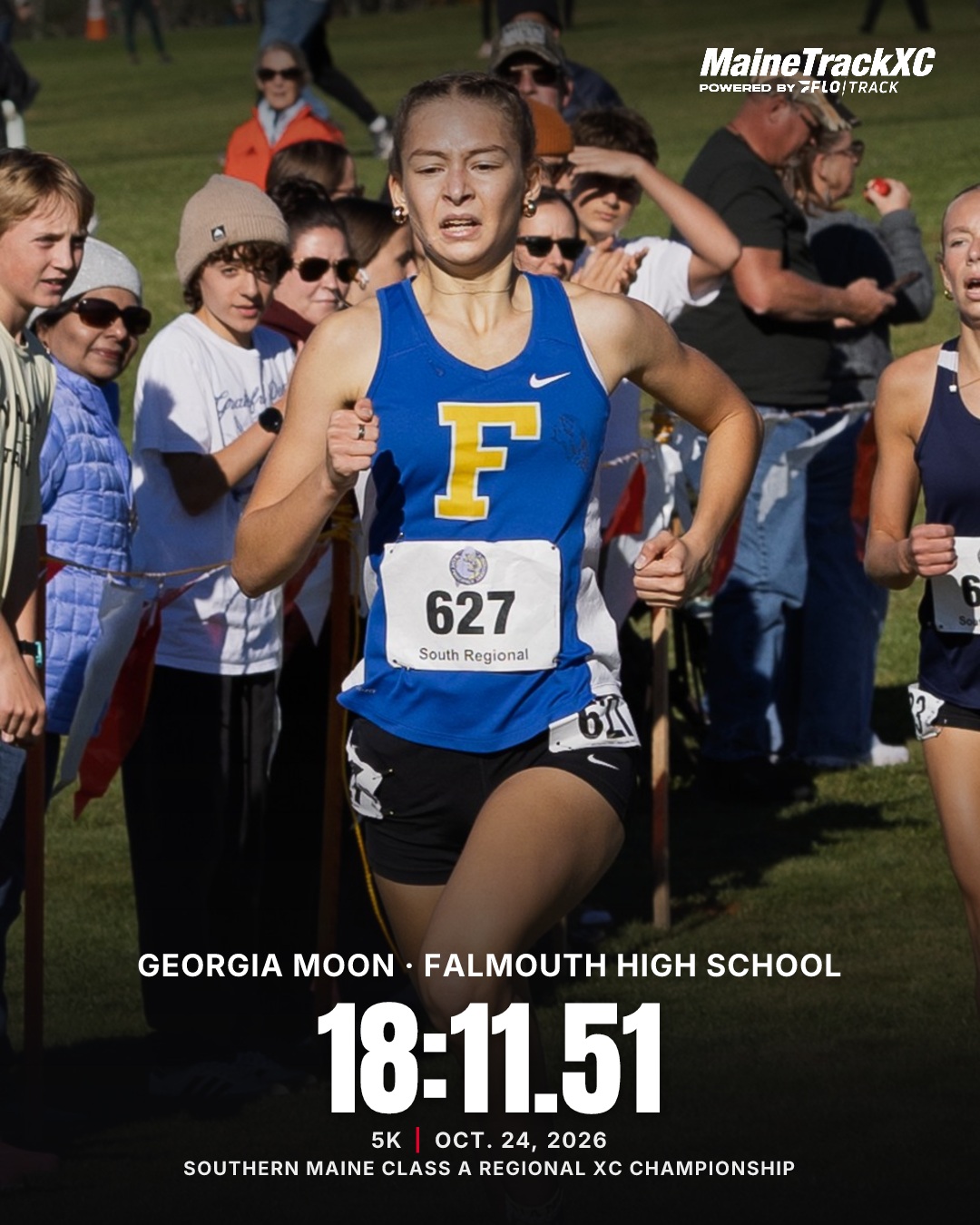 Georgia Moon runs in a blue Falmouth singlet, bib 627. A MaineTrack graphic shows her time of 18:11.51.
