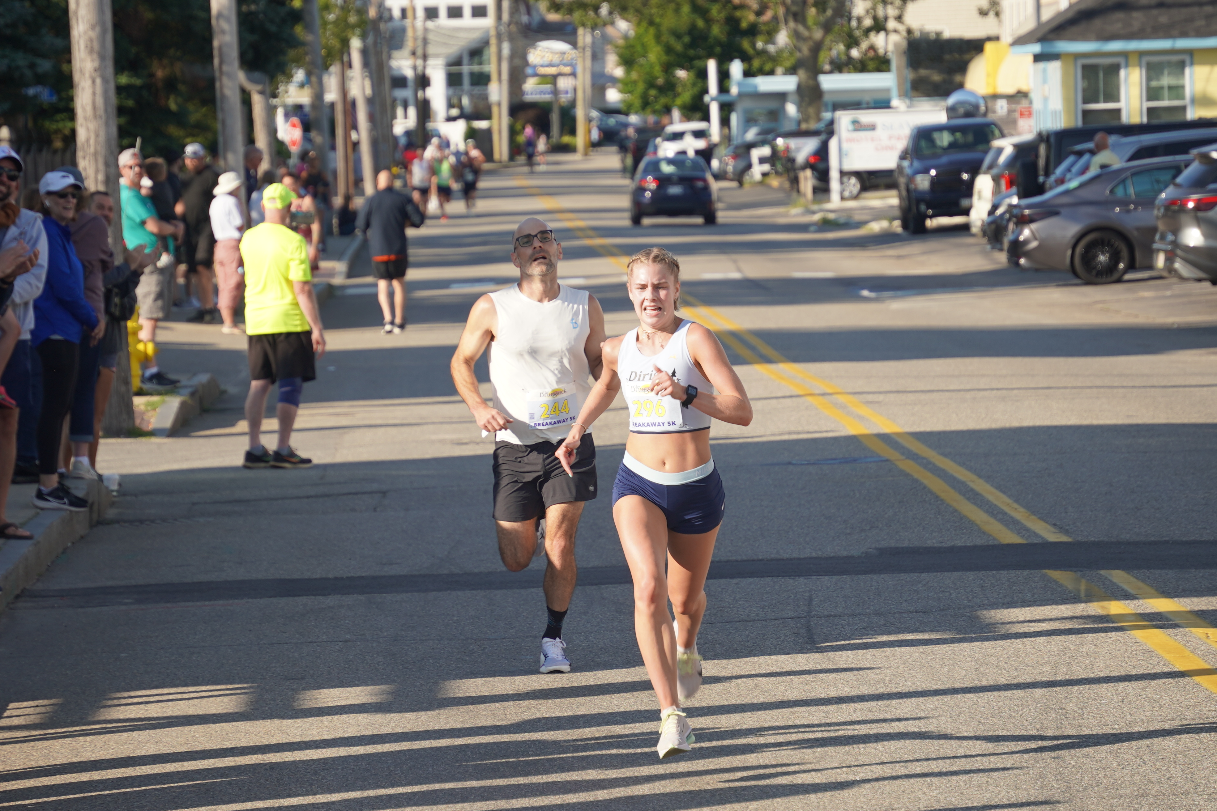 Karley Piers racing toward the finish of the 2026 Breakaway 5K in Old Orchard Beach.