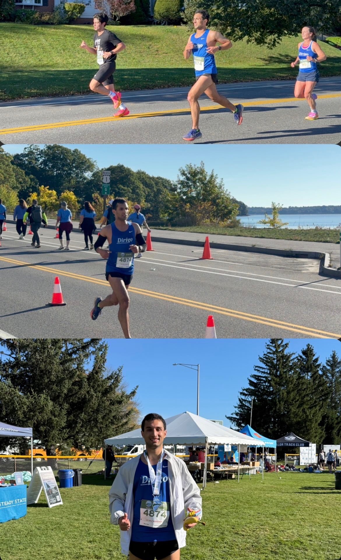 Three-photo collage of Dirigo runners on the course and a runner wearing a finisher medal.