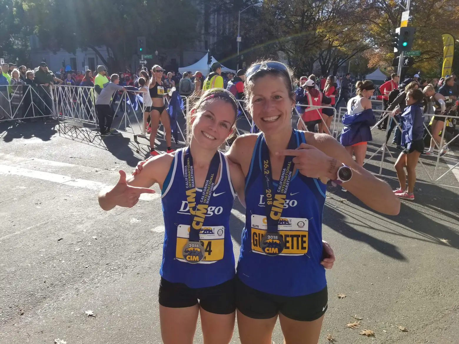 Sarah Mulcahy and Tracy Guerrette after the 2018 California International Marathon.